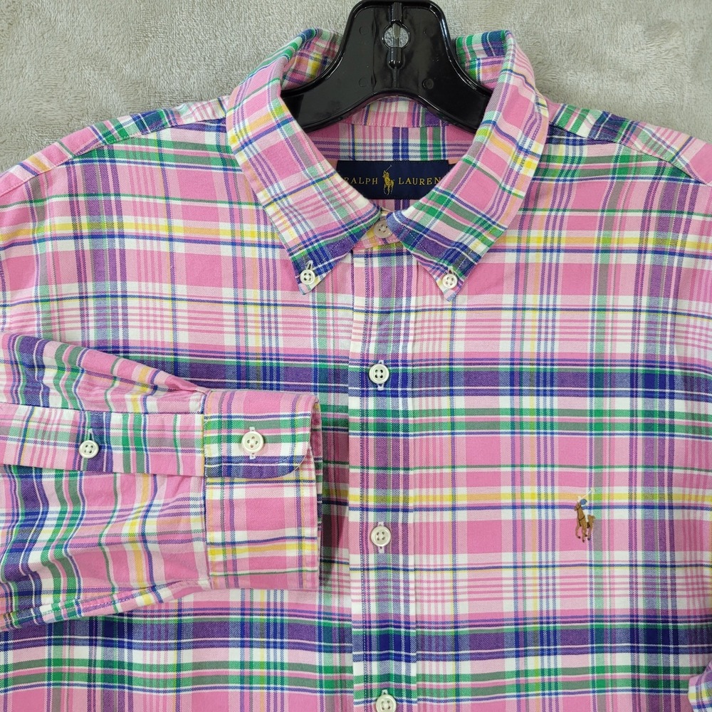 Ralph Lauren Shirt Men L Pink Green Madras Plaid 100% Cotton Button Down Pony